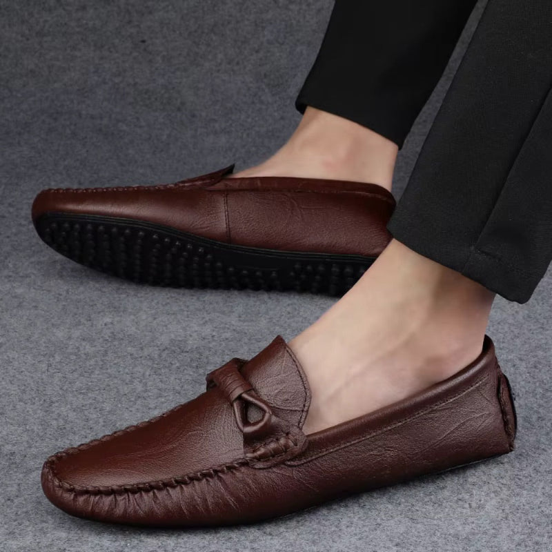 Niccolò Genuine Leather Moccasin in hammered brown – men's refined driving loafer shown on feet, featuring soft leather texture and flexible sole by Polumi.