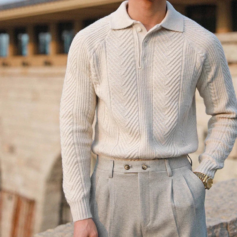 Nicola Collared Polo Sweater in beige, elegant men’s knit polo with soft textured wool blend and refined Italian design by Polumi