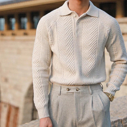 Nicola Collared Polo Sweater in beige, elegant men’s knit polo with soft textured wool blend and refined Italian design by Polumi