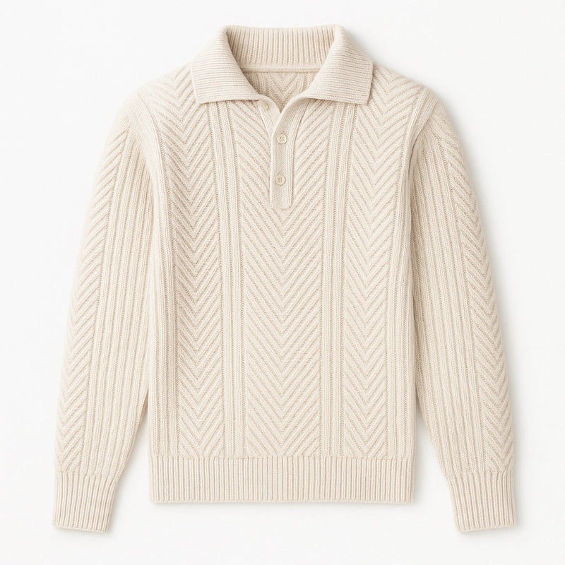 Men's beige collared knit polo sweater with herringbone texture, soft wool fabric and classic elegant design.