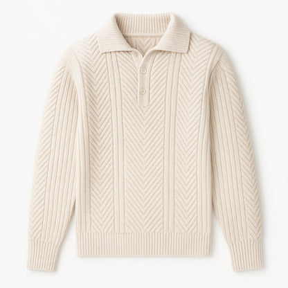 Men's beige collared knit polo sweater with herringbone texture, soft wool fabric and classic elegant design.