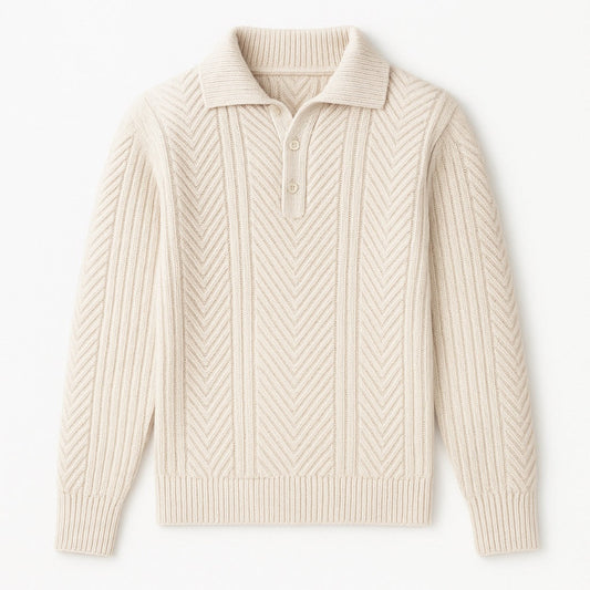 Men's beige collared knit polo sweater with herringbone texture, soft wool fabric and classic elegant design.