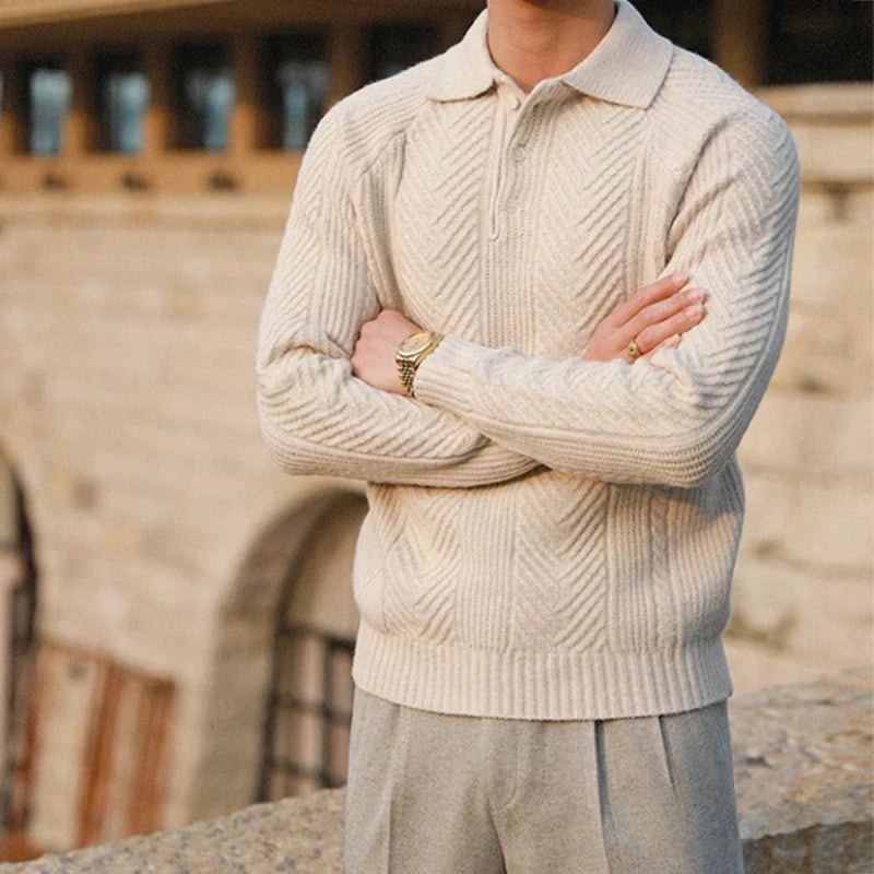 Beige Nicola Collared Polo Sweater featuring herringbone knit pattern and premium wool texture for timeless sophistication by Polumi
