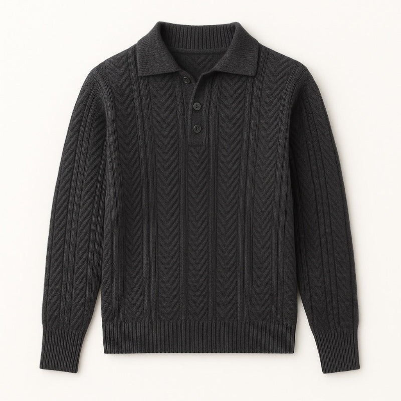 Men's gray wool collared polo sweater featuring herringbone pattern and refined winter knitwear style.