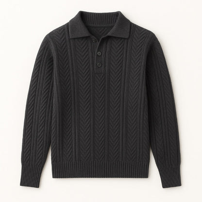 Men's gray wool collared polo sweater featuring herringbone pattern and refined winter knitwear style.