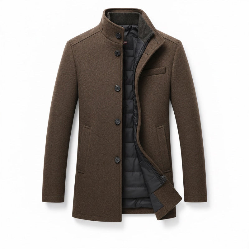 Orlando Detachable Wool Overcoat in brown – premium men’s wool blend coat with removable padded lining by Polumi