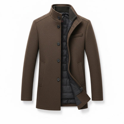 Orlando Detachable Wool Overcoat in brown – premium men’s wool blend coat with removable padded lining by Polumi