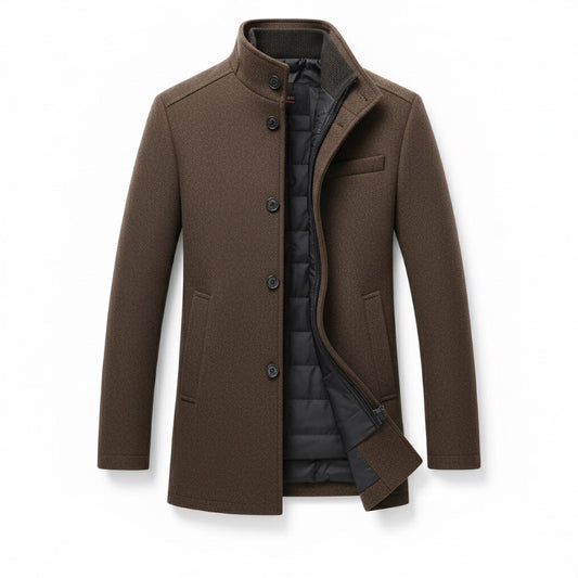 Orlando Detachable Wool Overcoat in brown – premium men’s wool blend coat with removable padded lining by Polumi