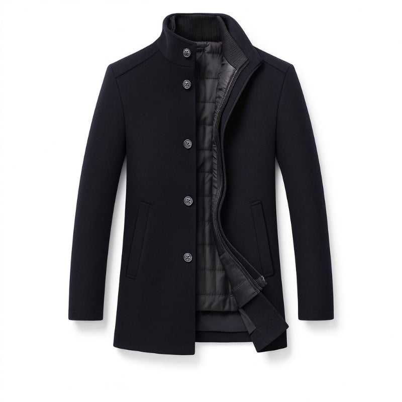 Orlando Detachable Wool Overcoat in navy blue – elegant men’s winter coat with removable inner vest by Polumi