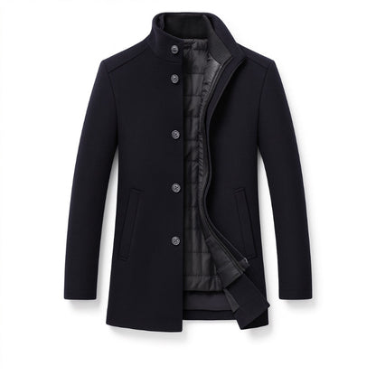 Orlando Detachable Wool Overcoat in navy blue – elegant men’s winter coat with removable inner vest by Polumi