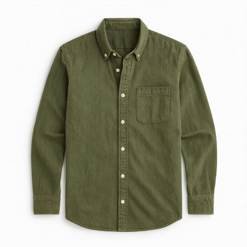 Polumi Antonio Modern Casual Shirt in green — men’s casual shirt in soft cotton-linen blend with button-down collar.