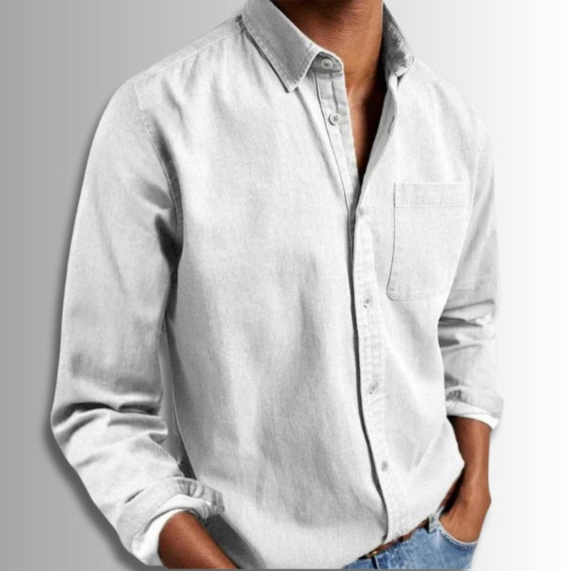 Polumi Antonio Modern Casual Shirt in white — classic long-sleeve shirt for men with button-down design and soft cotton texture.