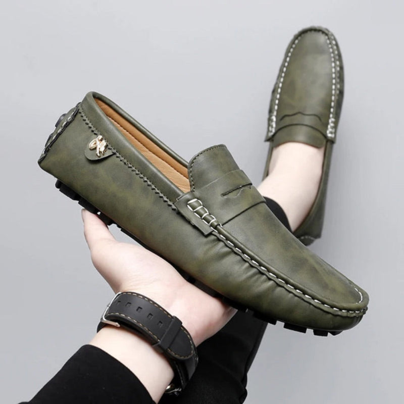 Polumi Carlo Alberto Leather Loafers in green – men’s luxury leather driving shoes with handcrafted stitching and Italian design