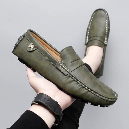 Polumi Carlo Alberto Leather Loafers in green – men’s luxury leather driving shoes with handcrafted stitching and Italian design