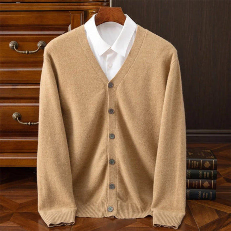 Polumi Daniele Luxe Merino Wool Cardigan in beige — soft merino wool men’s cardigan with button closure, timeless Italian-inspired elegance.