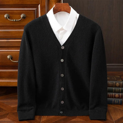 Polumi Daniele Luxe Merino Wool Cardigan in black — premium men’s wool cardigan combining luxury, versatility, and timeless elegance.