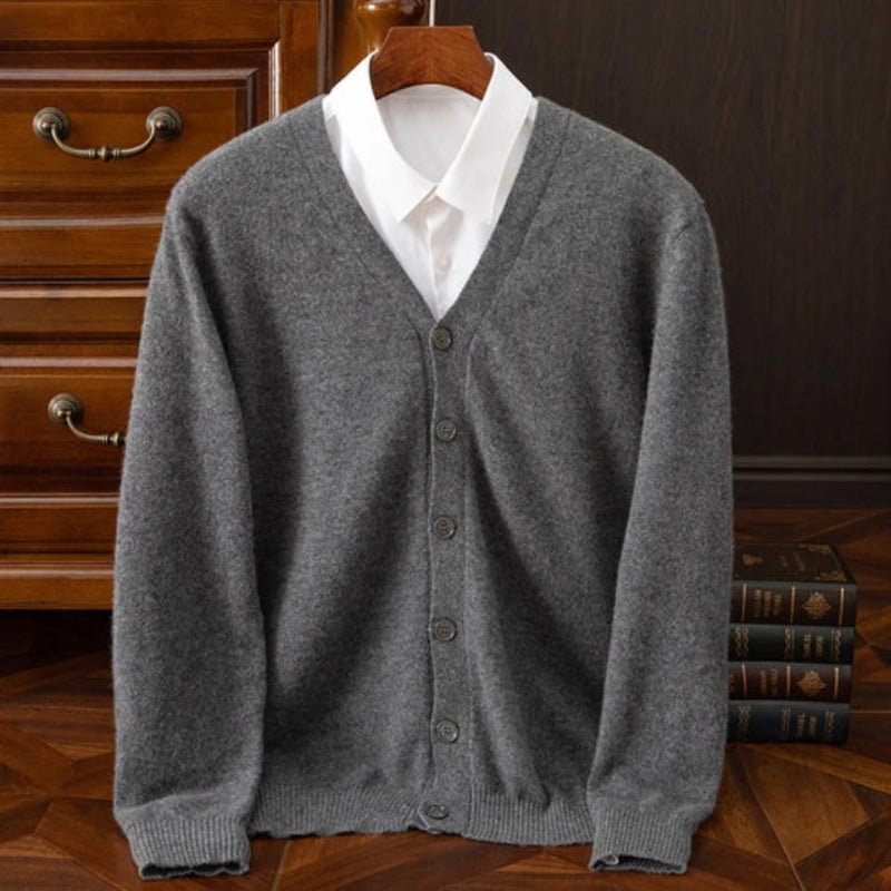 Polumi Daniele Luxe Merino Wool Cardigan in gray — lightweight men’s merino cardigan with minimalist design and versatile sophistication.