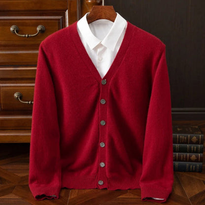Polumi Daniele Luxe Merino Wool Cardigan in red — classic men’s knitwear piece blending warmth, sophistication, and modern charm.