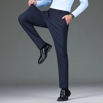Polumi Fabio Luxe Office Slacks in navy — demonstrating stretch fabric flexibility for superior comfort and mobility.”