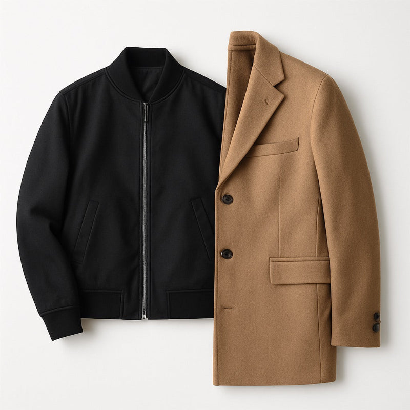 Polumi men’s outerwear flat lay — black bomber jacket and camel wool coat showcasing modern elegance and timeless craftsmanship.