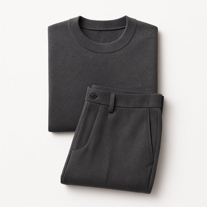 Polumi men’s matching outfit — grey knit sweater and tailored trousers set offering a clean, coordinated look for effortless sophistication.