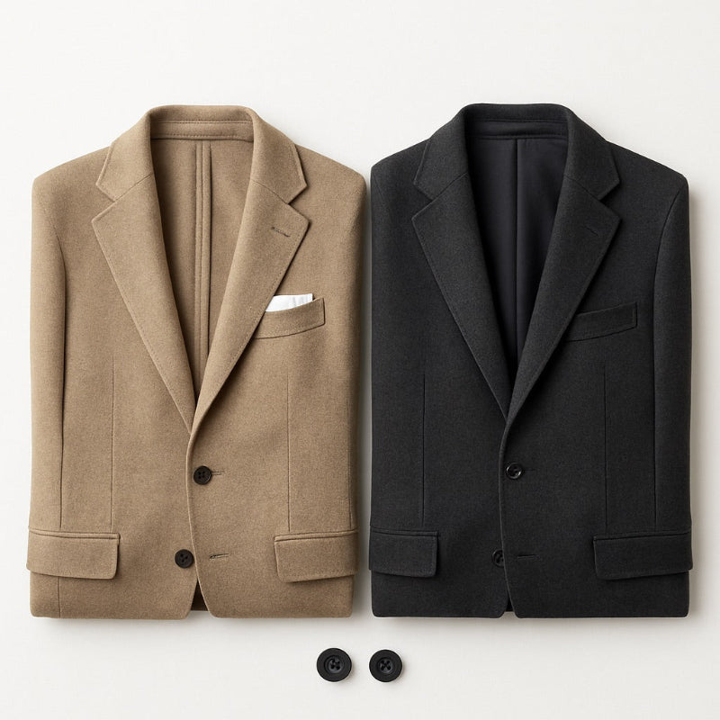 Polumi men’s blazers — camel and charcoal wool tailored jackets folded flat, showcasing refined Italian-inspired craftsmanship.