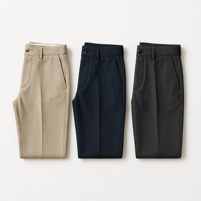 Polumi men’s pants collection — beige, navy, and charcoal tailored trousers crafted for a sleek, versatile wardrobe.