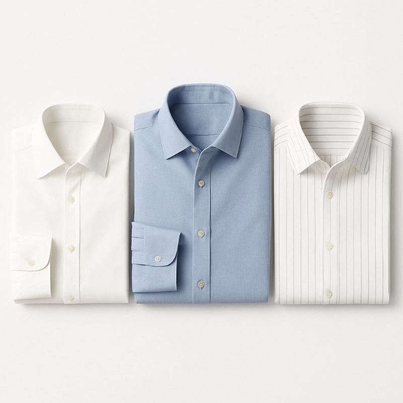 Polumi men’s shirts — white, blue, and striped formal shirts crafted with precision for modern sophistication.