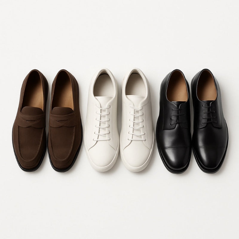 Polumi men’s shoes collection — brown suede loafers, white sneakers, and black leather derby shoes displayed flat.