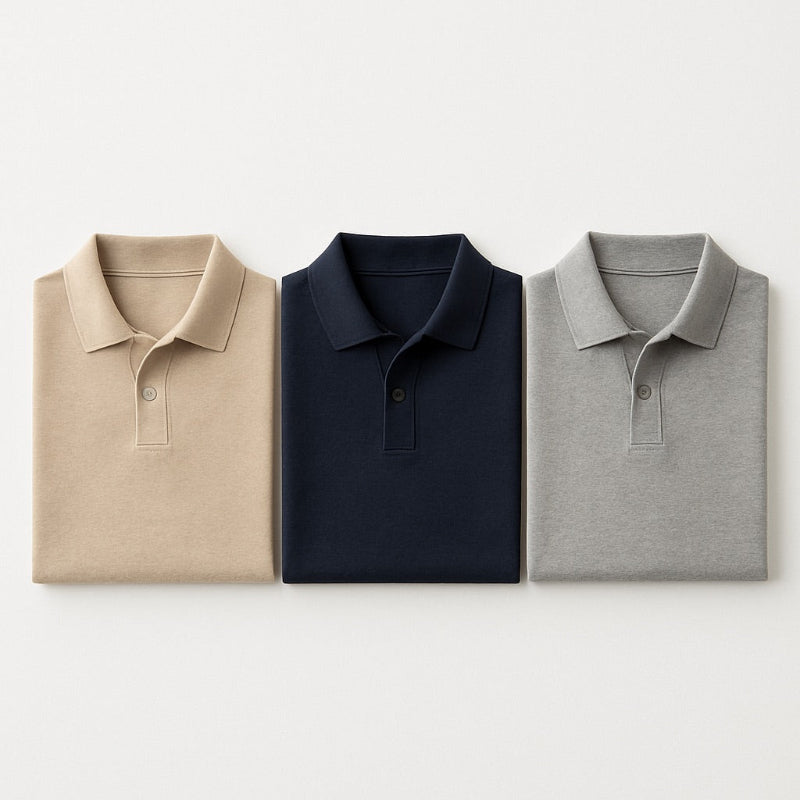 Polumi men’s polo shirts — beige, navy, and grey soft cotton polos folded flat, reflecting refined casual elegance.