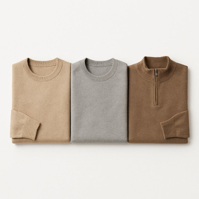 Polumi men’s sweaters — beige, grey, and brown knitwear with zip-collar and crewneck styles, folded flat on neutral background.