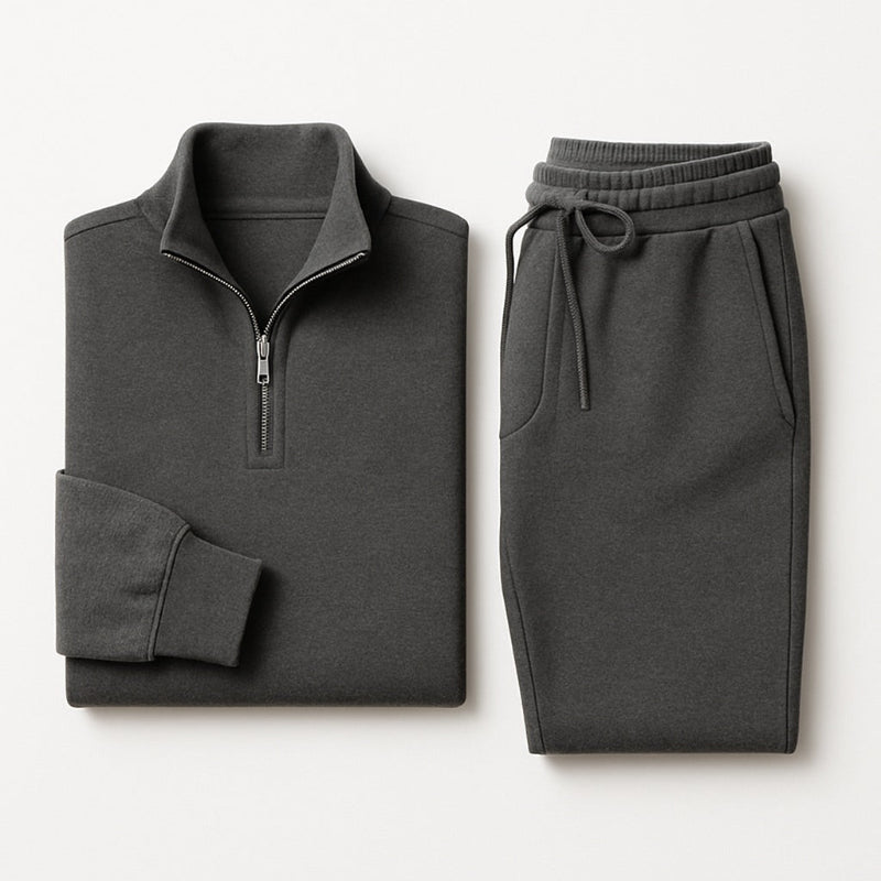 Polumi men’s tracksuit set — grey zip-collar sweatshirt and joggers designed for sleek comfort and minimal street-luxury.