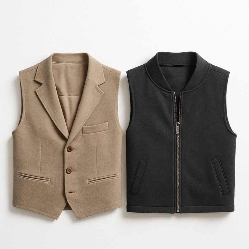 Polumi men’s vests — beige tailored vest and black zip wool vest, showcasing refined layering essentials.