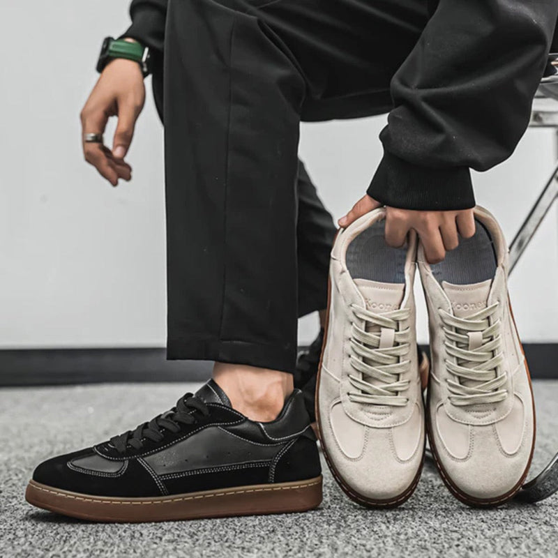 Renato Premium Suede Sneakers in both white and black colors, premium casual footwear collection by Polumi.