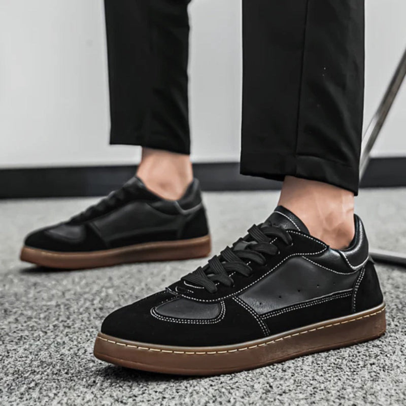 Renato Premium Suede Sneakers in black worn on foot, versatile men's sneakers combining comfort and elegance by Polumi.