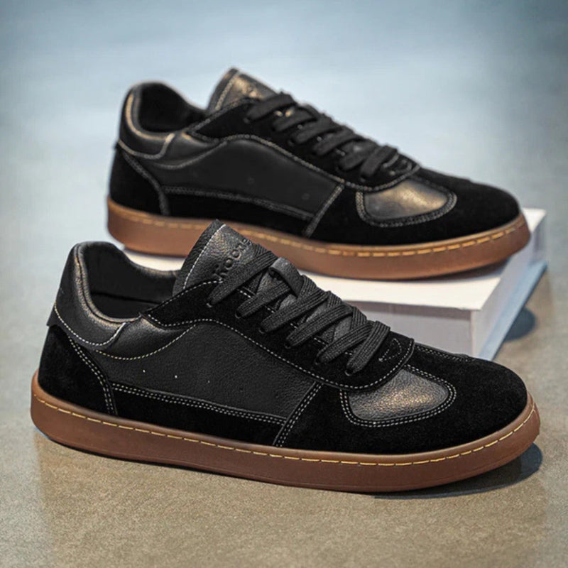 Renato Premium Suede Sneakers in black, classic leather and suede men's sneakers with contrast stitching by Polumi.