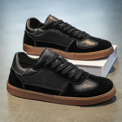 Renato Premium Suede Sneakers in black, classic leather and suede men's sneakers with contrast stitching by Polumi.