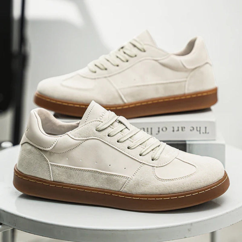 Renato Premium Suede Sneakers in white, elegant low-top men's sneakers with gum sole by Polumi.