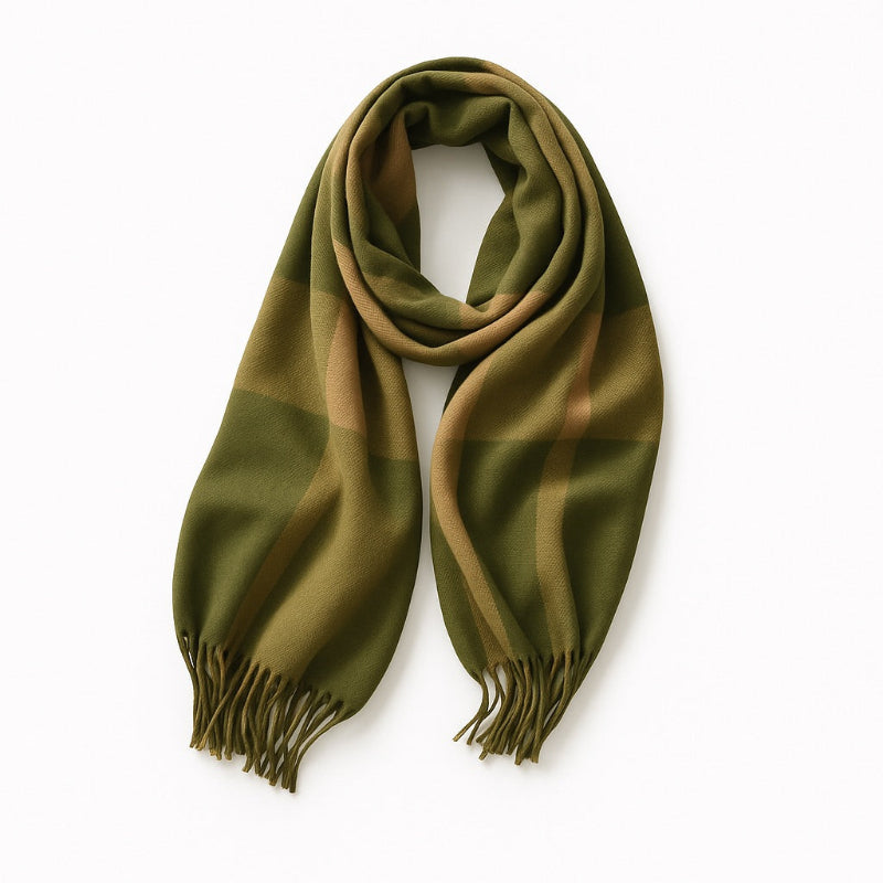 Roberto Cashmere Scarf in green and tan plaid, cozy unisex cashmere scarf for timeless cold-weather elegance.