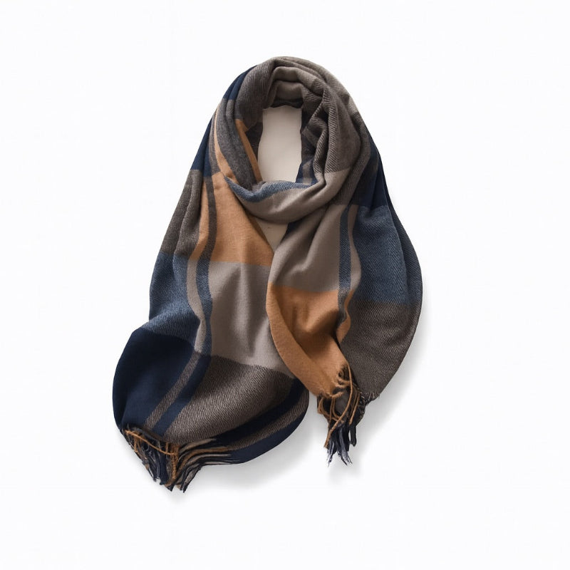 Roberto Cashmere Scarf in blue plaid pattern, soft men’s cashmere scarf for elegant winter style.