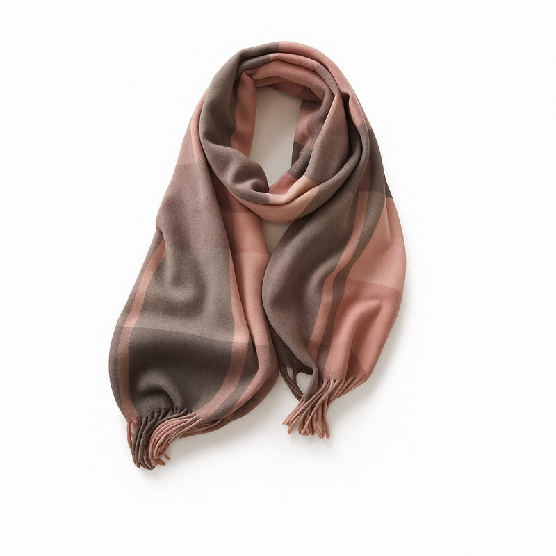 Roberto Cashmere Scarf in pink plaid, lightweight luxury scarf for men and women, soft cashmere texture.
