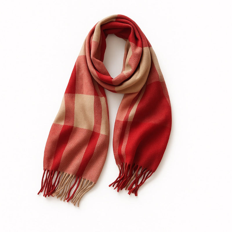 Roberto Cashmere Scarf in red and beige plaid, warm cashmere scarf for refined men’s and women’s outfits.