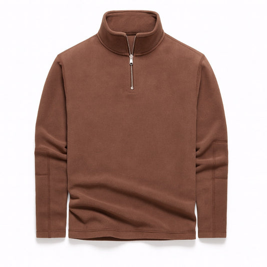 Rocco Quarter Zip Sweater brown – men's brown fleece pullover with soft-touch texture and modern quarter-zip design by Polumi.