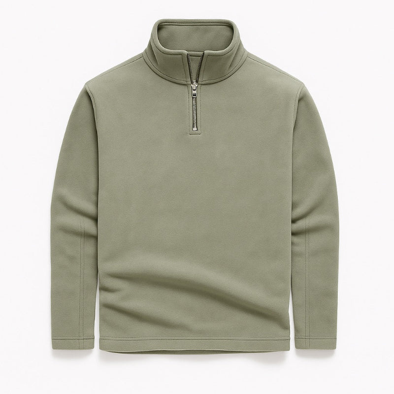Rocco Quarter Zip Sweater green – men's olive green fleece pullover with zip collar and relaxed fit by Polumi.