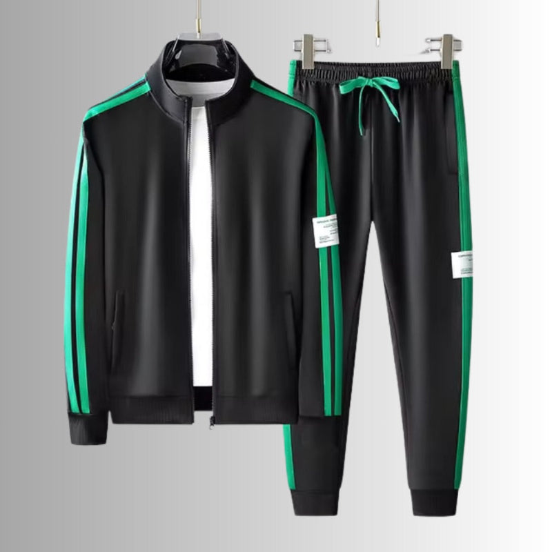 Romolo Premium Tracksuit Set in black – sleek men's tracksuit with green accents and minimalist Italian-inspired design by Polumi.
