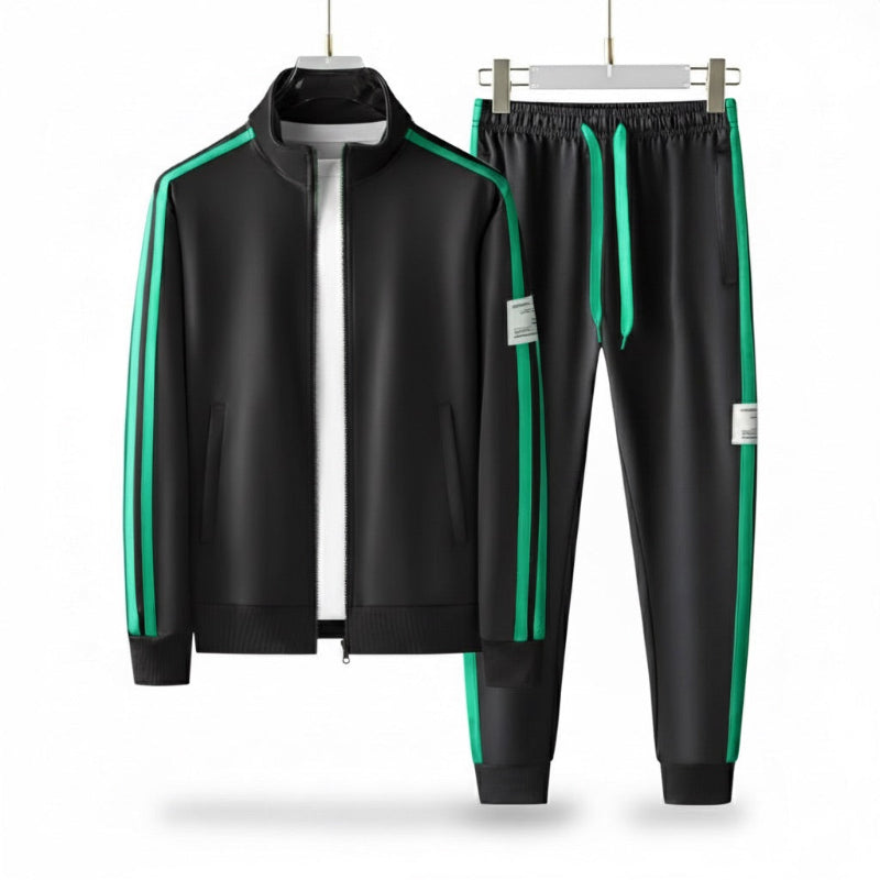 Romolo Premium Tracksuit Set in Black by Polumi – elegant black men's tracksuit with green side stripes and premium detailing
