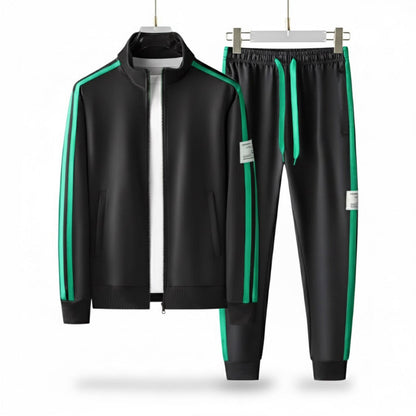 Romolo Premium Tracksuit Set in Black by Polumi – elegant black men's tracksuit with green side stripes and premium detailing