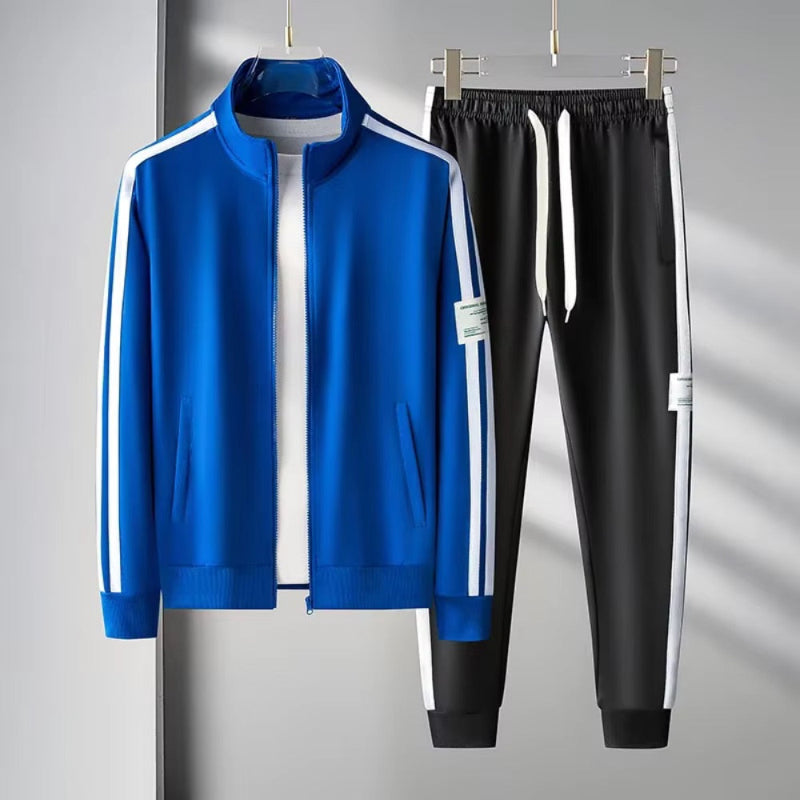 Romolo Premium Tracksuit Set in blue – men's blue athletic tracksuit with white side stripes and premium fit by Polumi.