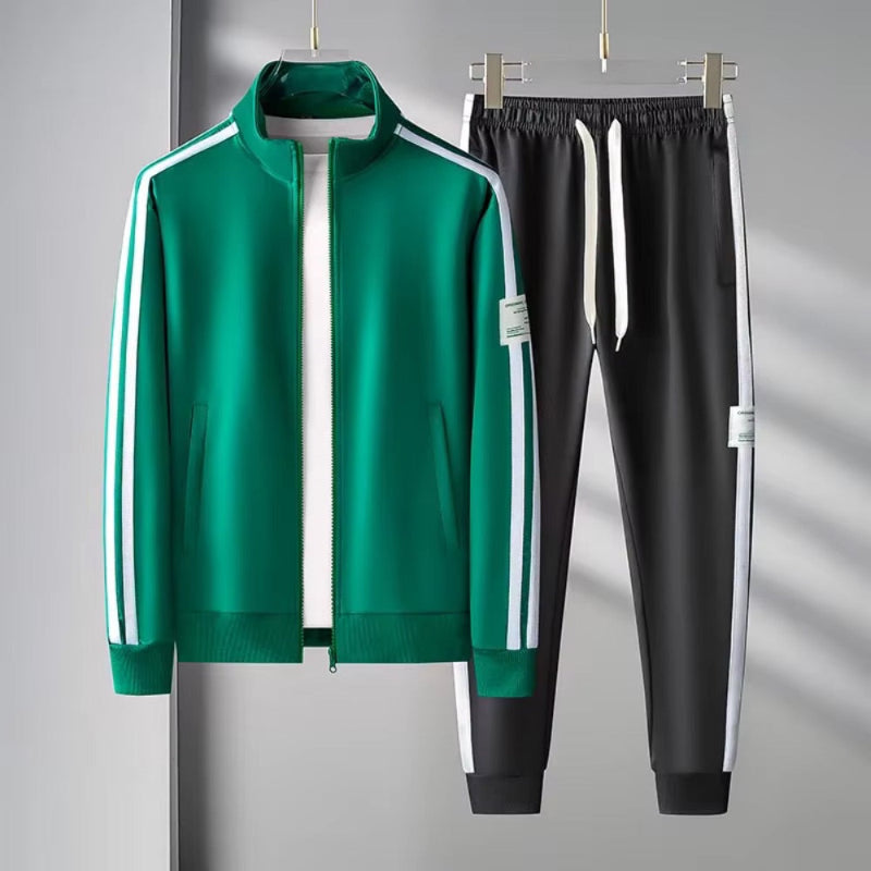 Romolo Premium Tracksuit Set in green – men's luxury athletic tracksuit with white side stripes and zip-up jacket by Polumi.
