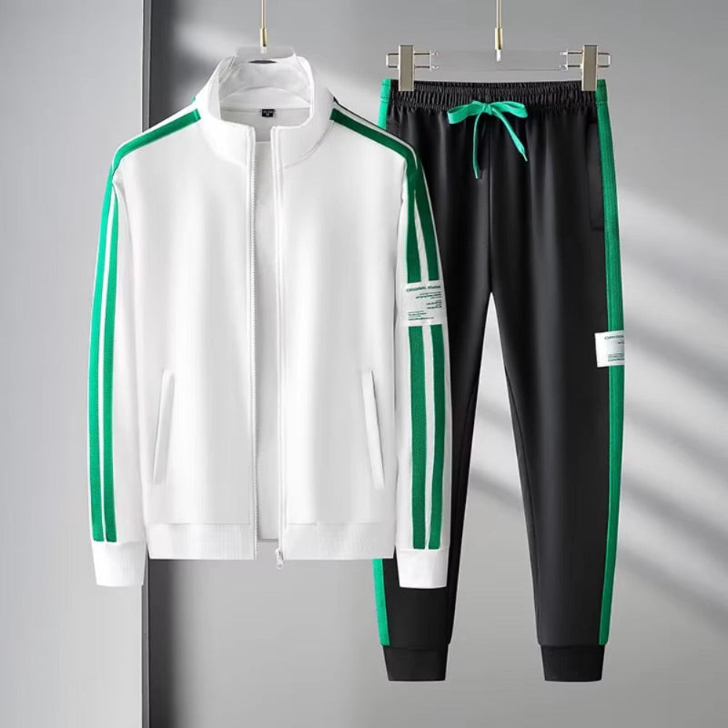 Romolo Premium Tracksuit Set in white – modern men's tracksuit with green stripes and black pants for an elevated sporty look by Polumi.